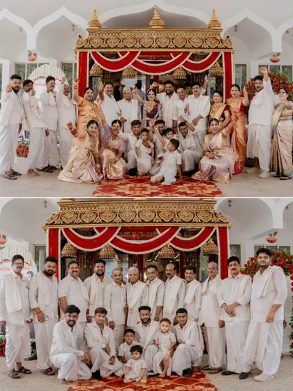 A collage of grand family portraits, capturing the entire family celebrating together at a traditional South Indian wedding.