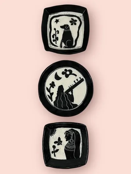 A set of three custom wall plates, each telling a part of a personal story. This commission celebrated a passion for music, acting, and the love for a dog named Scotch. Collaborating on such meaningful pieces is one of the most rewarding parts of my craft.