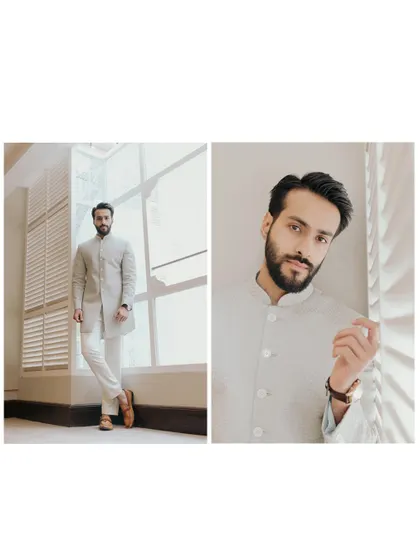 A diptych of the groom, Aakash, looking sharp and sophisticated in his modern Indian attire during his Mumbai engagement session.