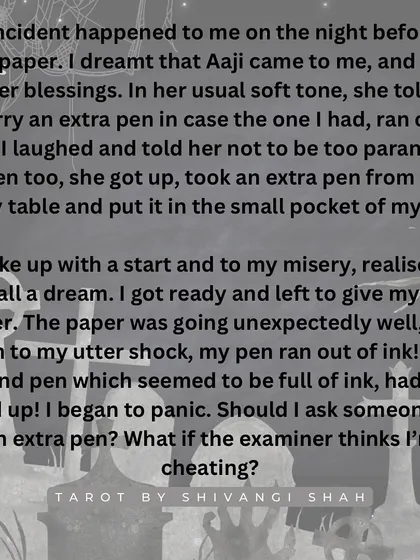 A heartwarming story of a grandmother visiting in a dream to leave an extra pen for an exam, which miraculously appears in real life.