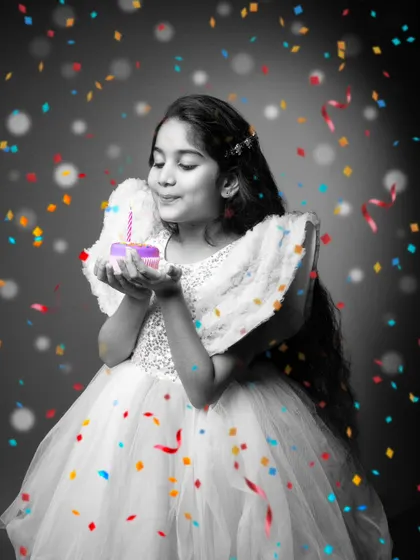 A birthday wish is a moment of pure magic. I used a special editing technique here, keeping the girl and her wish in focus while the world around her is in black and white. The colorful confetti adds a touch of whimsy, highlighting the joy and wonder of her celebration.