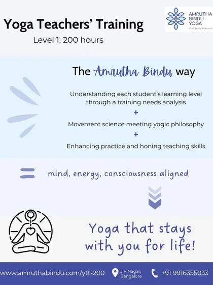 We believe in a learning path that stays with you for life. The Amrutha Bindu way involves understanding each student's needs, blending movement science with yogic philosophy, and honing both personal practice and teaching skills to align mind, energy, and consciousness.