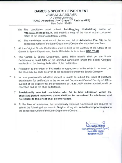 This document outlines further post-selection formalities. It includes submitting an anti-ragging undertaking, the admission fee slip, and the process for sports certificate verification by the Games & Sports Department.