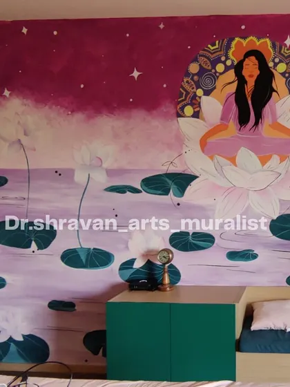 Another view of the meditation mural, showing how it wraps around the room's furniture and architecture. My job is to color the life of the space, and this is a responsibility I take seriously.