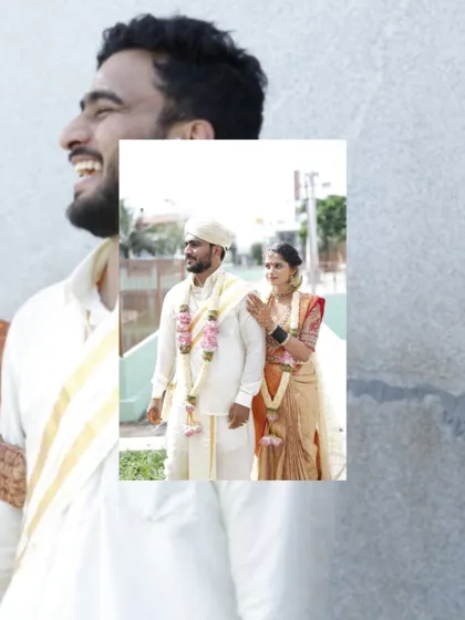 A collage showing the happy, candid moments of a couple on their wedding day. The groom's laughter and their shared smiles capture the genuine joy of the celebration.