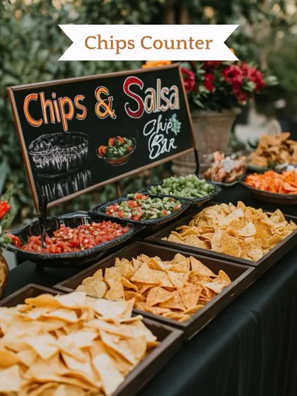 A chips and salsa bar is a great casual snack station that encourages guests to mingle. I can arrange a variety of food stations to suit any taste.