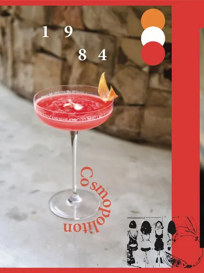 A vibrant pink Cosmopolitan, a classic from the 1980s that we've perfected. This stylish cocktail is a testament to our appreciation for iconic drinks, crafted with quality ingredients for a crisp and refreshing taste.
