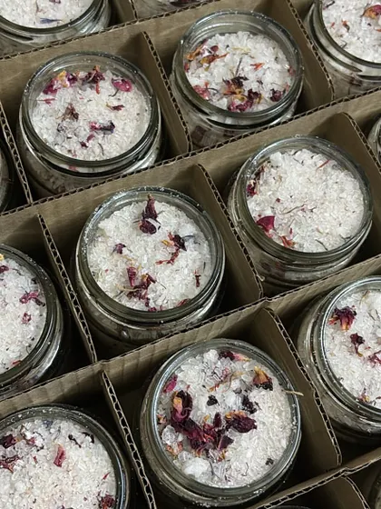 Jars of our custom lavender and rose bath salts, ready to be packed for a wedding. We love being a part of your special moments.