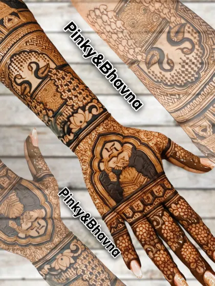 A collage showing the intricate details of a bridal mehndi. This design features a Ganesh figure, peacocks, and a bride portrait.