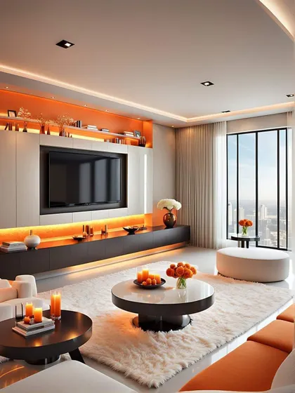 A warm and inviting living room with orange accent lighting. The floating TV console and open shelving create a stylish focal point.