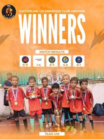 The U10 team celebrating their victory at the Soccerlink Celebration Club in Andheri, showcasing their impressive match results.