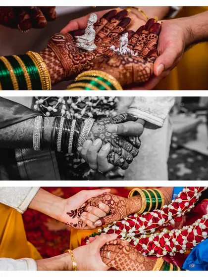 A collage focusing on the Kanyadaan ritual, where the bride's hands are placed in the groom's. The mix of color and black and white highlights the significance of the moment.