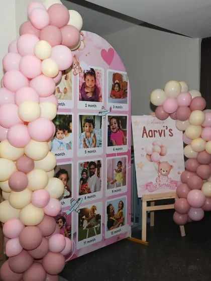 A combined view of a milestone board and welcome sign for a teddy bear themed party. The matching designs and color palette create a cohesive and well-planned look.