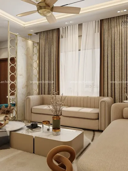 This living room uses a soft, neutral color palette to create a calming and sophisticated atmosphere. The layered coffee tables and plush sofa enhance the sense of comfort and style.