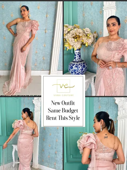 A collage showcasing a beautiful pink draped saree gown. This modern silhouette is perfect for a cocktail party or reception.