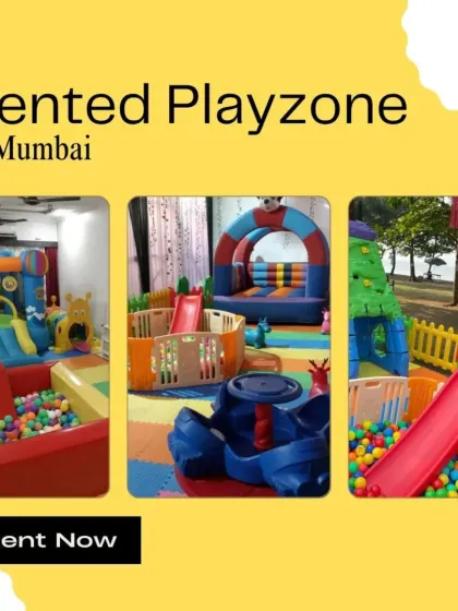 The best playzone delivery service at your doorstep in Mumbai. This graphic shows three distinct setups: an indoor bouncy castle with a ball pit, an outdoor slide and ball pit, and an indoor spinner.
