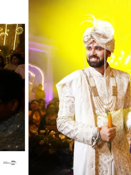 A candid shot of the groom smiling during the ceremony. His joyful expression captures the happiness of the moment.
