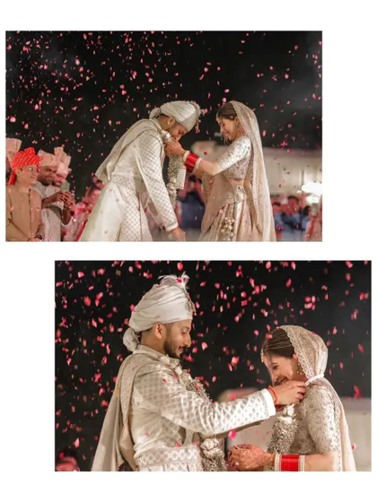 A collage of the couple during their varmala ceremony, showered with petals.