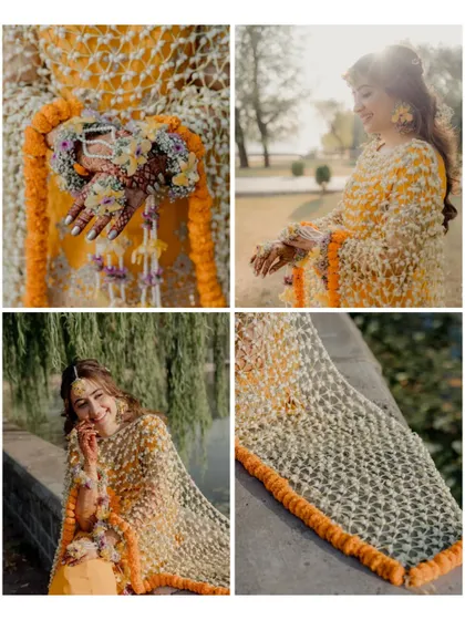 A collage showcasing the beautiful details of the bride's floral jewelry and unique net-style dupatta from her Kashmiri haldi.