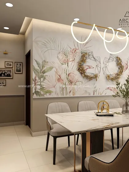 The dining area in this home is elevated by a stunning wall mural and a modern, sculptural light fixture. It's a perfect example of how art can transform a space.