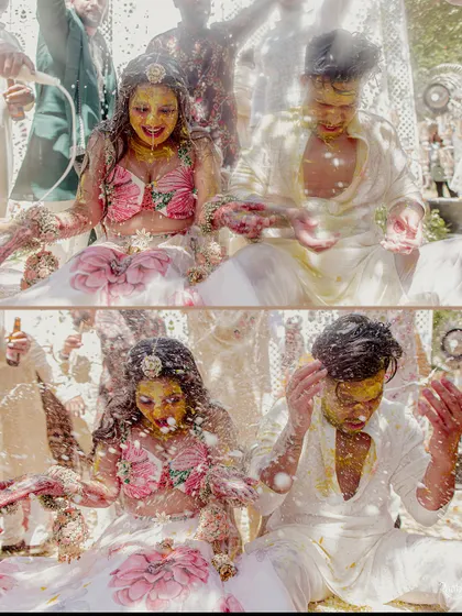 A diptych capturing the chaos and fun of being showered with petals and water during the haldi ceremony.