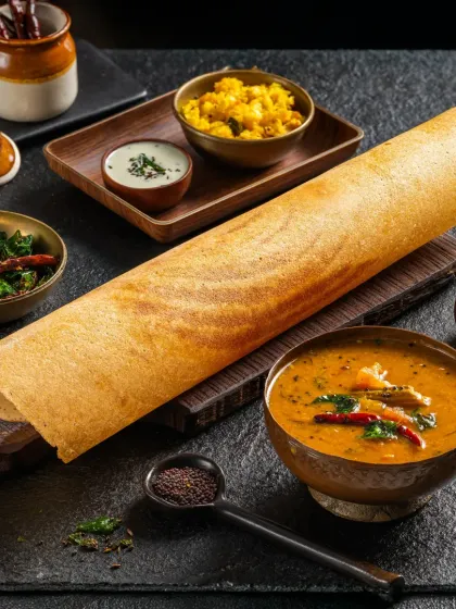 A classic South Indian masala dosa, crisply rolled and served with traditional accompaniments like sambar and chutneys, styled to look authentic and delicious.