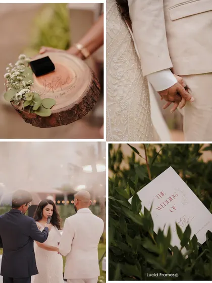 A collage of wedding details: the ring on a wooden platter, holding hands, the vows, and the wedding program.