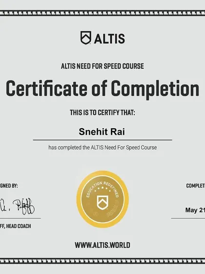 My certificate of completion for the ALTIS Need for Speed course, taught by legendary coach Dan Pfaff. This course provided deep insights into the science of speed development.