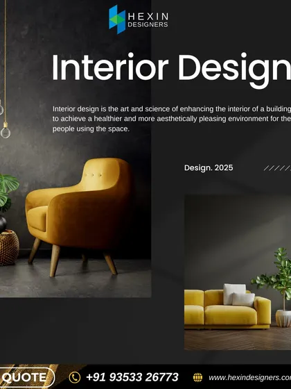 Interior design is the art and science of enhancing a space. We blend style, function, and comfort to transform any room, as shown in this composition featuring a bold yellow armchair and modern lighting.