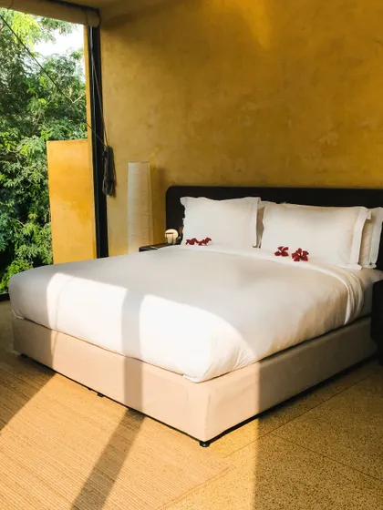 Sunlight streams into this suite, highlighting the clean lines of the bed and the warm, textured flooring.