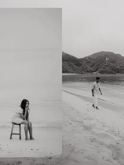 More artistic black and white shots from their Thailand beach session. The use of negative space and unconventional framing creates a modern and editorial feel.