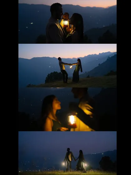 This collage showcases the variety of shots we can achieve during a single night session with lanterns. It includes close-ups, wide shots, and silhouettes, all telling a cohesive story of love under the stars.