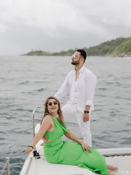 Another beautiful portrait on a yacht in Phuket, showcasing the glamour and romance of a pre-wedding shoot on the water.