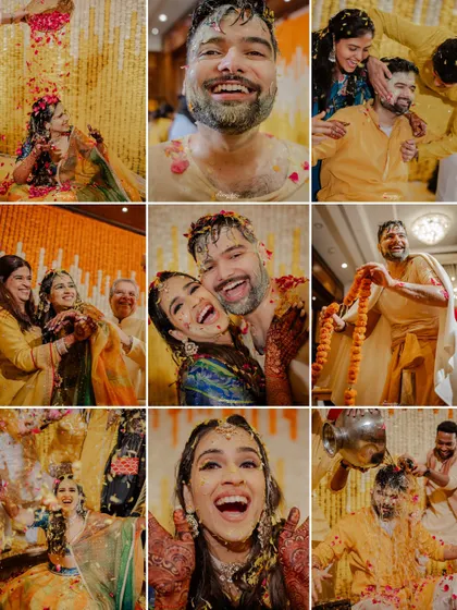 A collage of pure Haldi mayhem, from the couple's joyful embrace to the bride getting showered with flowers.