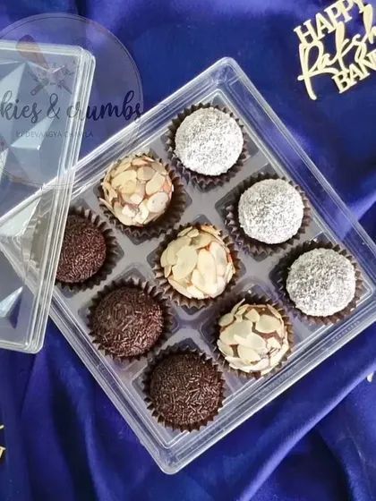 My Brazilian Brigadeiros, which are basically delicious chocolate laddoos. This box from my Rakshabandhan collection includes classic chocolate, coconut, and almond-coated ones.