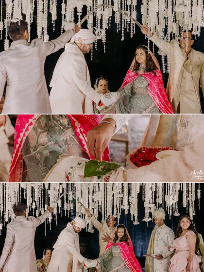 The sacred rituals of the wedding ceremony, capturing the involvement of family members as they bless the couple.