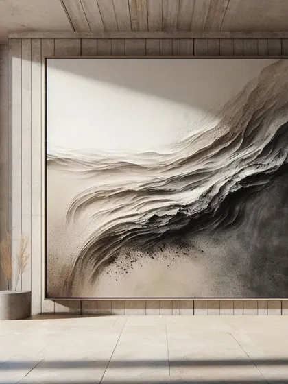 Titled "Whispers of Dust," this minimalist abstract piece is created with natural earth pigments on raw linen. Its textured, monochromatic style evokes a sense of calm and connection to the elemental world.