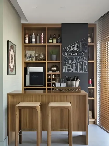 A casual, cafe-style bar perfect for a relaxed atmosphere. The design features extensive wooden shelving, a chalkboard for menus or notes, and a simple bar counter with matching wooden stools.