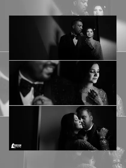 A film-strip collage of Ekta and Ashutosh's intimate black and white moments from their Roka.