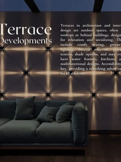 This concept image explains my philosophy for terrace developments. It's about creating a multi-functional urban oasis with comfy seating, greenery, and ambient lighting for relaxation and socializing.