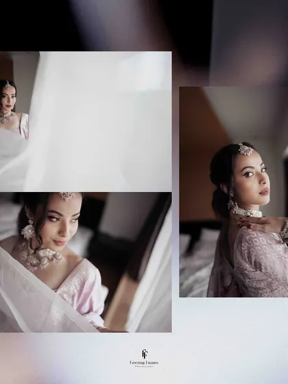 A collage capturing the bride's quiet moments of preparation, with a focus on her thoughtful expressions as she looks out a window.