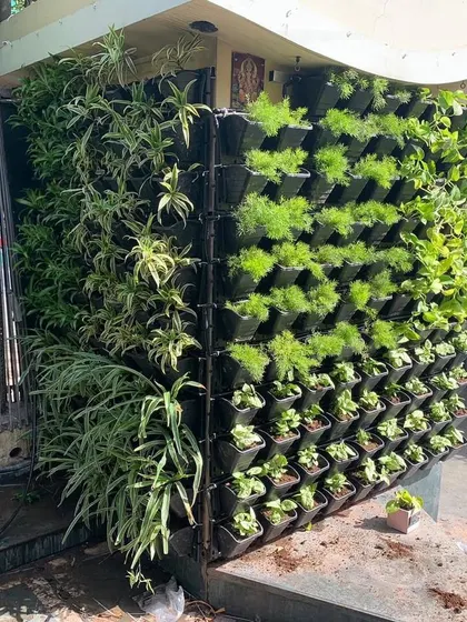 This living wall was designed to wrap around an outdoor pillar, turning a structural element into a column of greenery. It's a great way to integrate plants into your home's architecture.