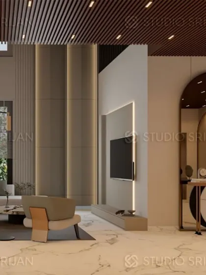 A wider view of the Model Town lobby, highlighting the combination of a slatted wood ceiling and tall, fluted wall panels.