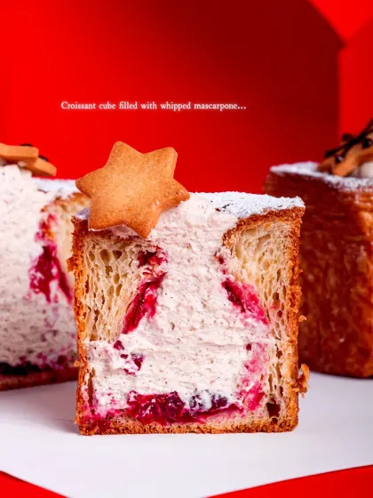 A close-up of the croissant cube's filling.