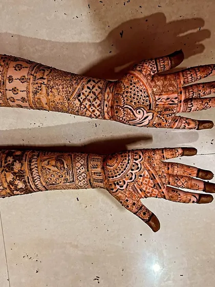 A close-up of a detailed Indian mehandi design, showing the rich texture and variety of patterns I use.