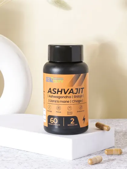 An elegant, minimalist shot of the supplement bottle on a white podium. The soft, neutral background and simple props create a calm, premium, and clinical feel.