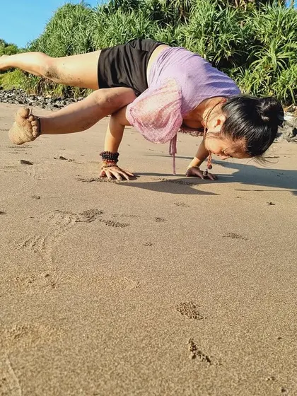 Yoga everywhere. A side crow on the beach, feeling the sand beneath my hands and the ocean breeze. The practice becomes a conversation with the elements.