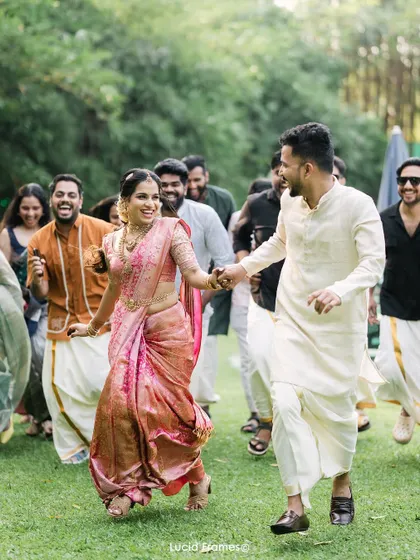 Running with joy! The couple and their friends in a candid, energetic moment after the ceremony.
