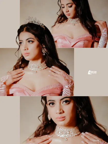 A collage focusing on the details of Priya's princess-like look, from her tiara to her diamond choker.