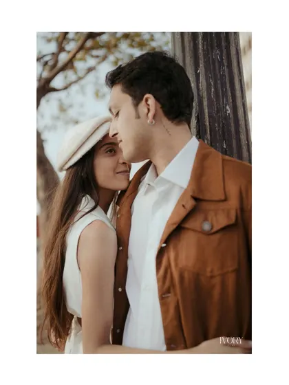An intimate close-up of the couple in a quiet moment during their Mumbai pre-wedding shoot. Her gentle gaze and his soft expression tell a story of deep affection and comfort with one another.